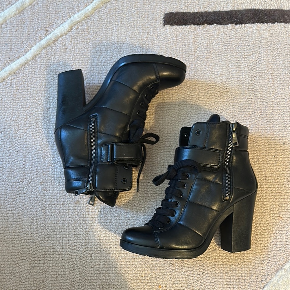 Prada Black Heeled Boots with Chunky Heels and Buckle Straps